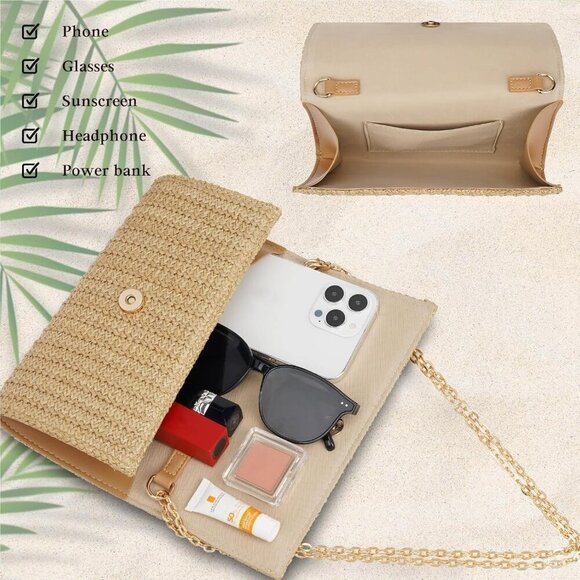 Straw Clutch Purse Women's Summer Crossbody Envelope Bag with Chain - Picture 5 of 8